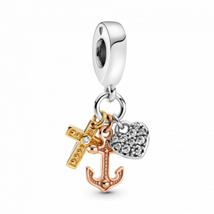 PANDORA pozlacený korálek Trojbarevný kříž, srdce a kotva 799354C01